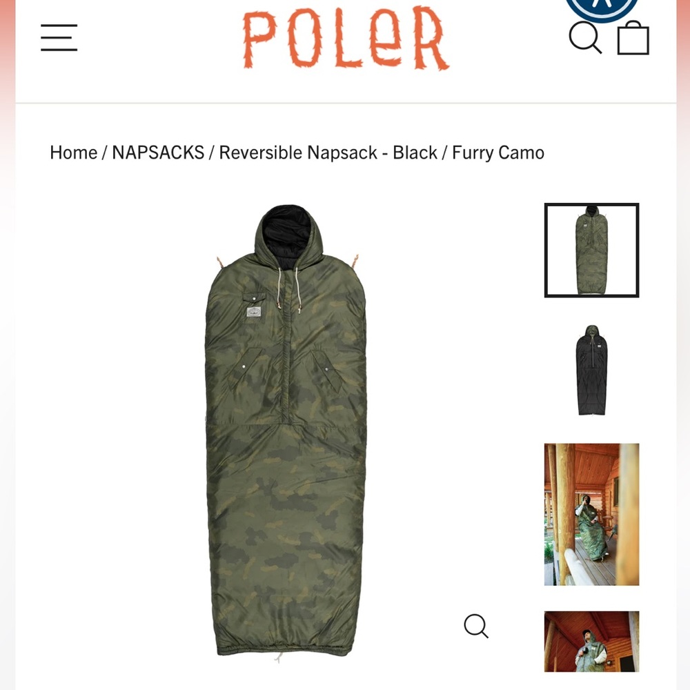 New! Poler “Camp & good vibes” reversible Napsack camo and orange, Size Large